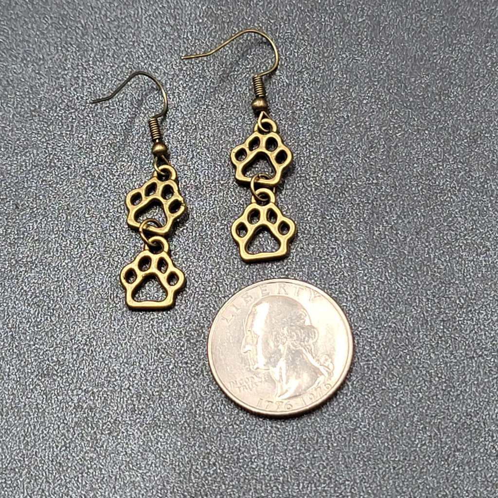 New Pierced Earrings Bronze tone Puppy Dog Paw Prints Dangle 1"