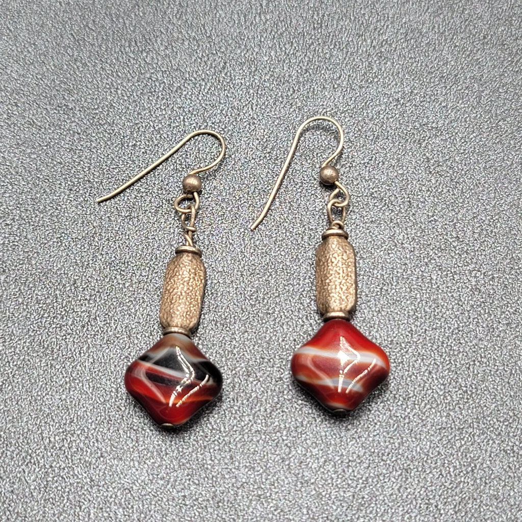Pierced Earrings Silver tone Red Art Glass Square Bead Dangle 1.25"