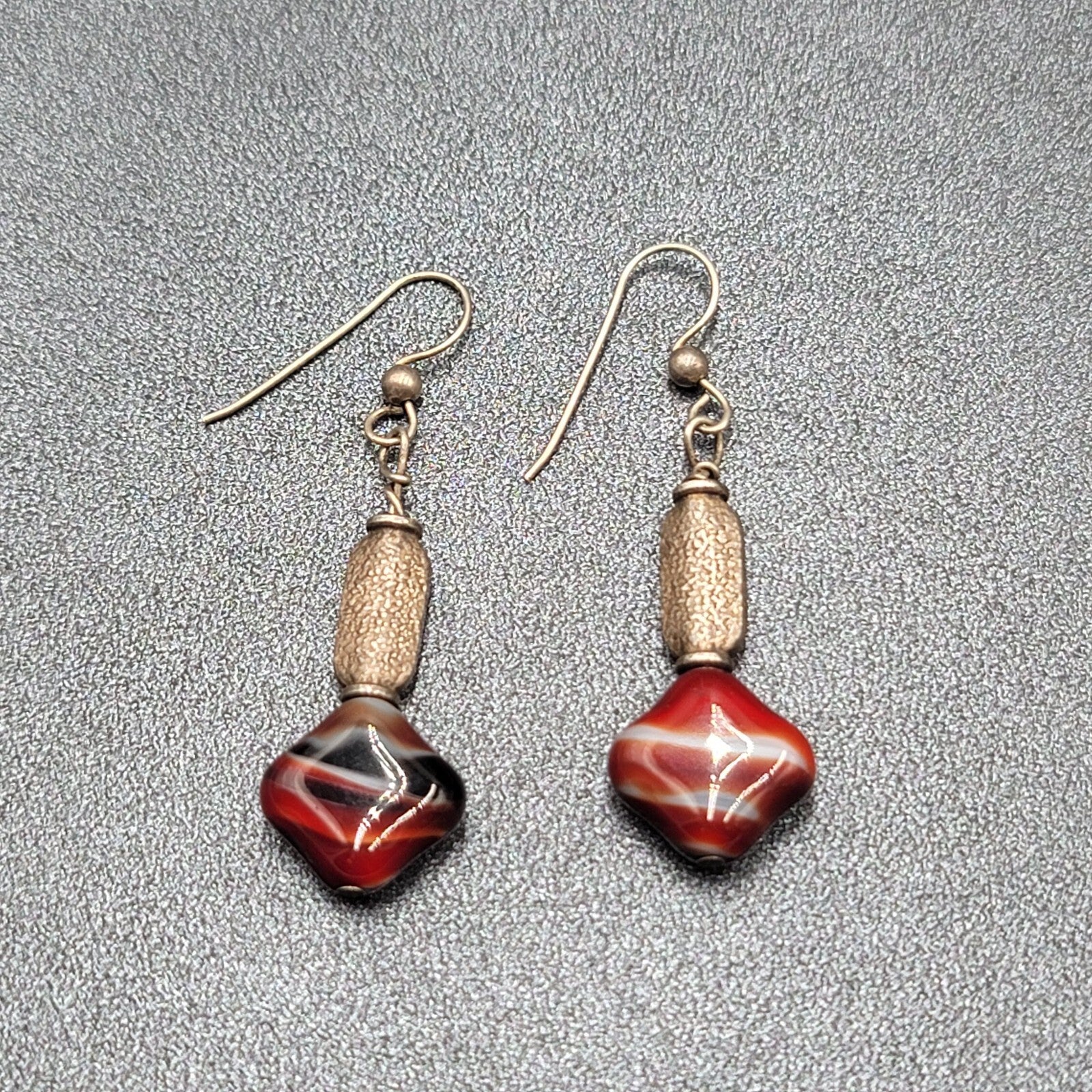 Pierced Earrings Silver tone Red Art Glass Square Bead Dangle 1.25"
