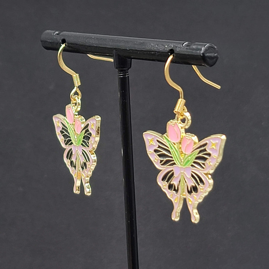 Pink Tulip Purple Moth Enamel Pierced Earrings Gold tone Dangle Butterfly 1"