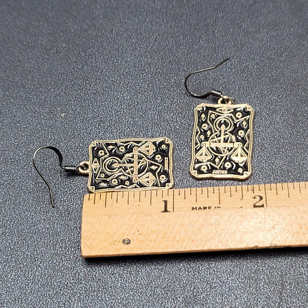 Tarot Card Pierced Earrings JUSTICE Scales Gold tone Black 1"