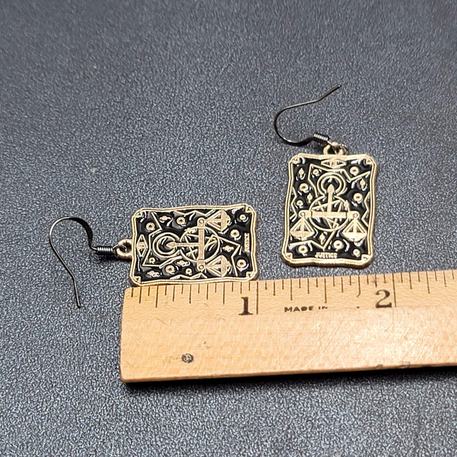 Tarot Card Pierced Earrings JUSTICE Scales Gold tone Black 1"