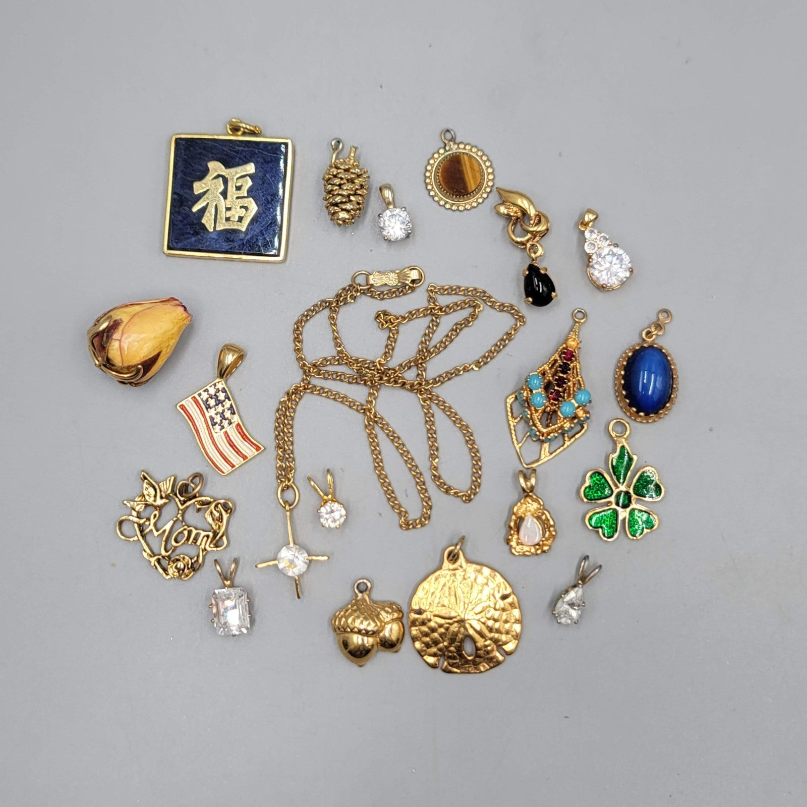 All Gold tone Pendant Lot of 19 Rose Flag Cubic Zirconia & More