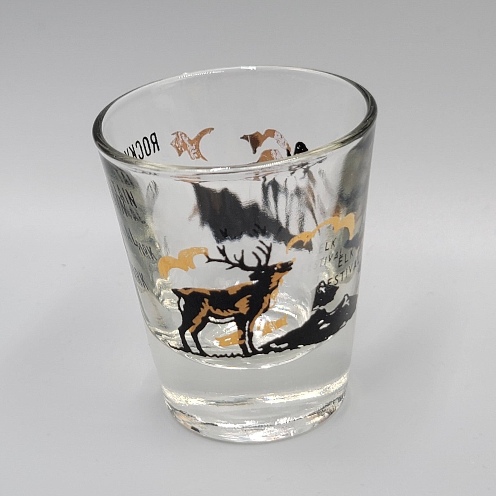 Vintage Rocky Mountain National Park Colorado Shot Glass Black Gold Collectible