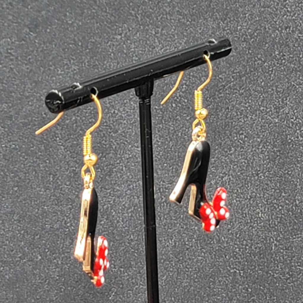 High Heel Shoes Pierced Earrings Gold tone Red Black Enamel Dangle 1"