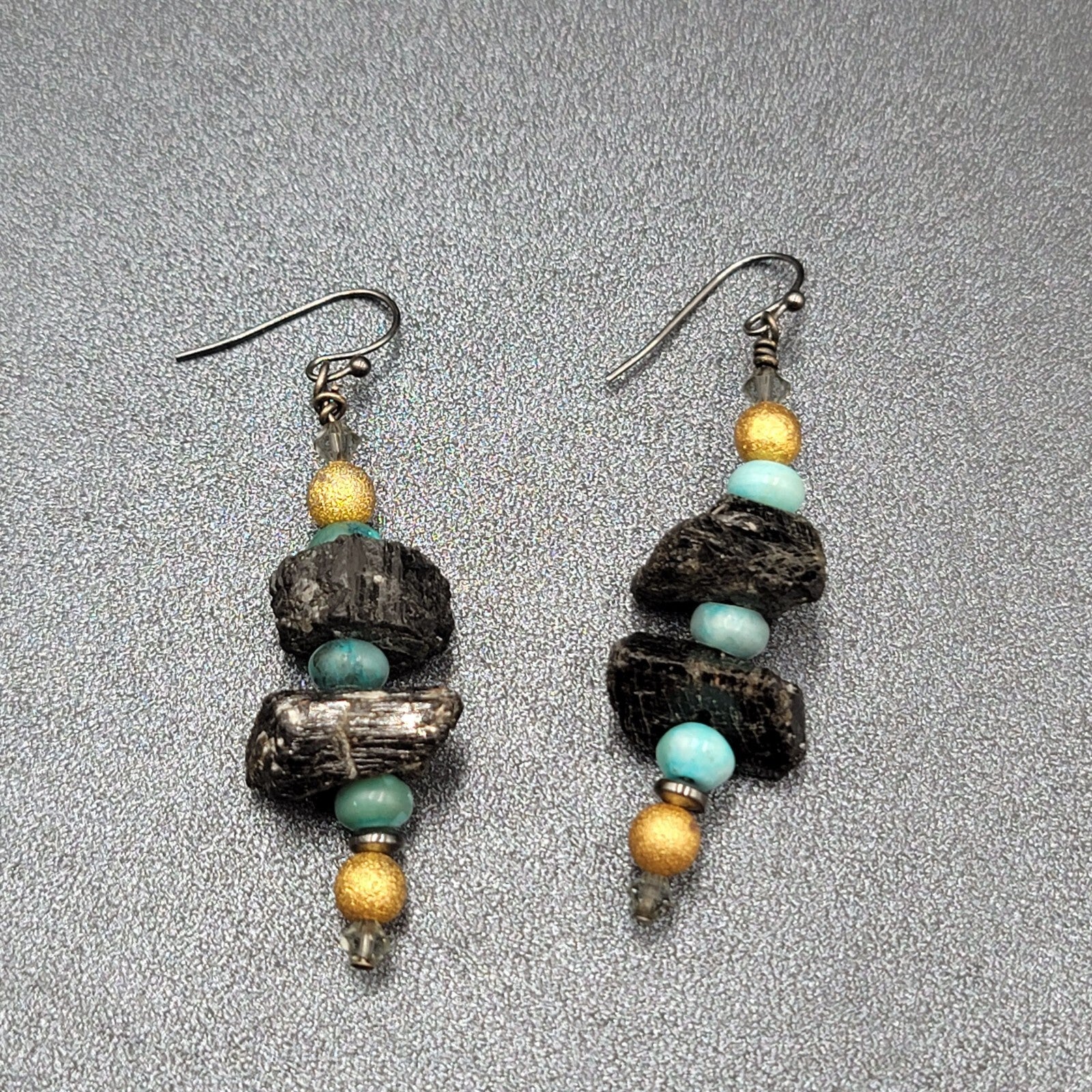 Pierced Earrings Black Raw Stone Blue Gold tone Beads Dangle 2"