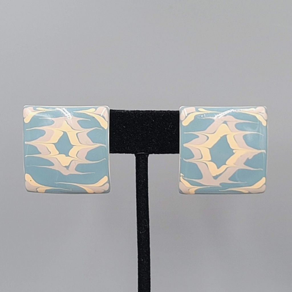 Vintage Pierced EarringsTan Blue Enamel over Metal Square Drop  1 1/8"