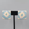 Vintage Pierced EarringsTan Blue Enamel over Metal Square Drop  1 1/8"