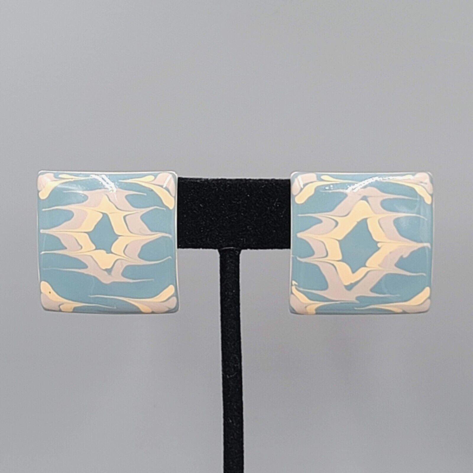 Vintage Pierced EarringsTan Blue Enamel over Metal Square Drop  1 1/8"
