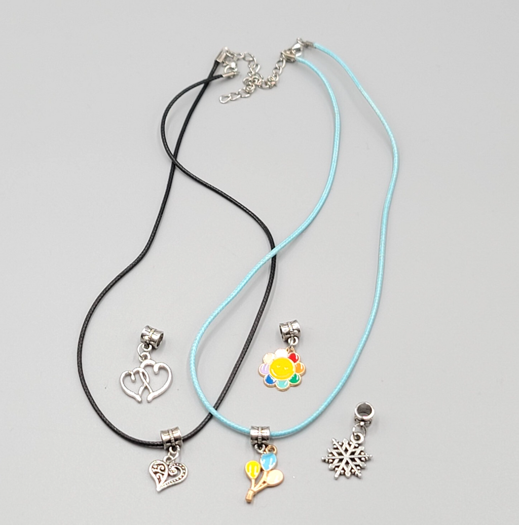 Necklace Charm Pendant Lot Blue and Black Cord Silver tone 5 Charms 18"