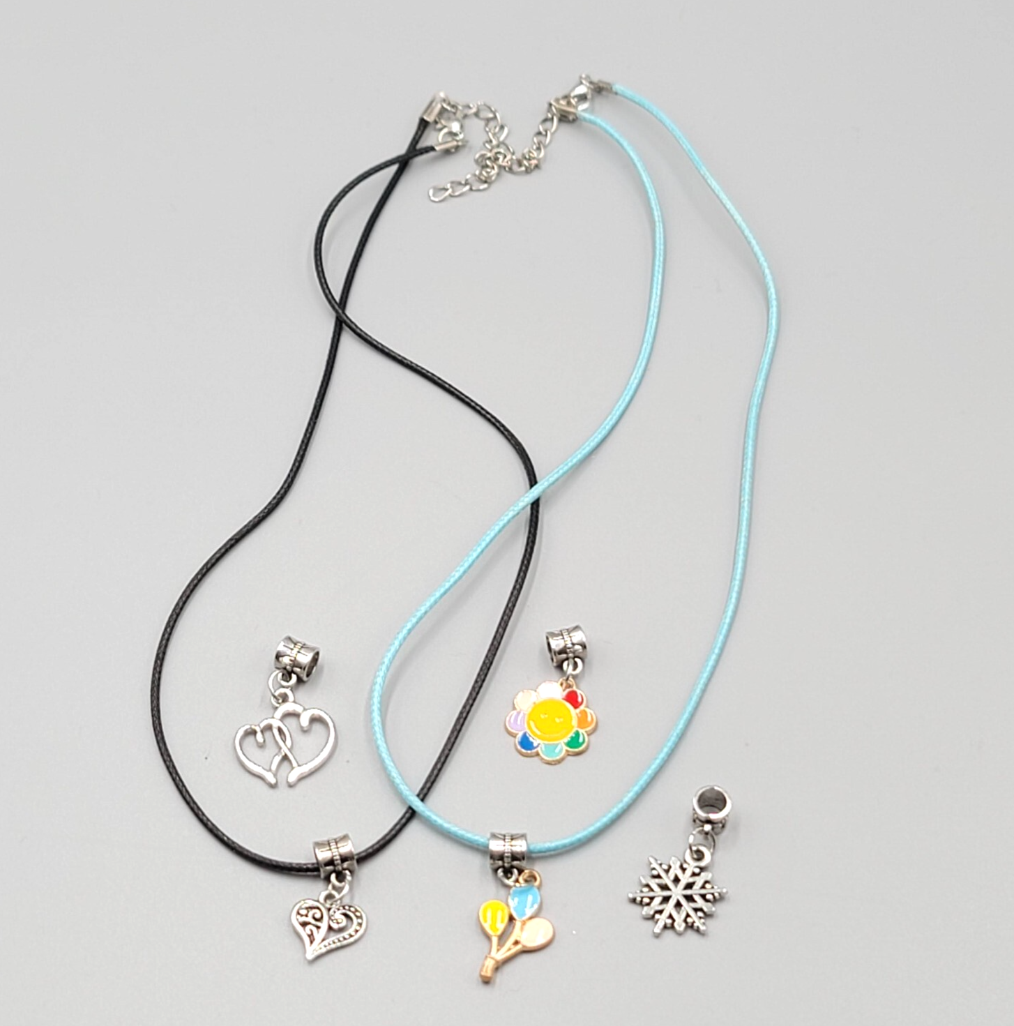 Necklace Charm Pendant Lot Blue and Black Cord Silver tone 5 Charms 18"