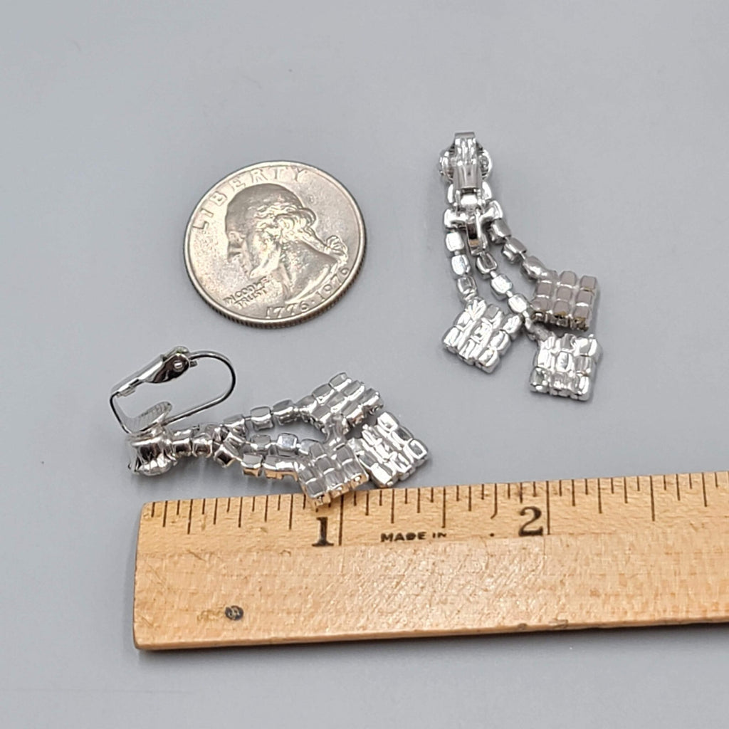 Vintage Rhinestone Clip on Earrings Dangle Silver tone 1.5" Length