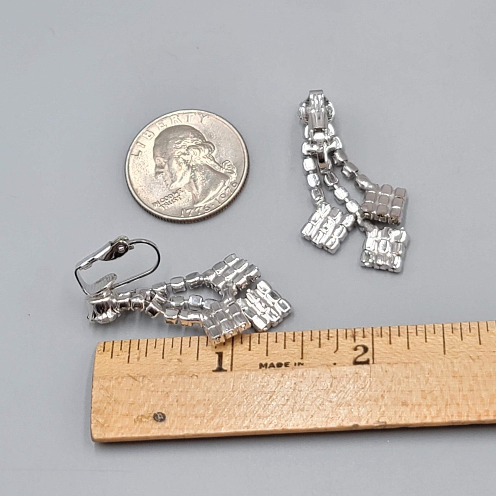 Vintage Rhinestone Clip on Earrings Dangle Silver tone 1.5" Length