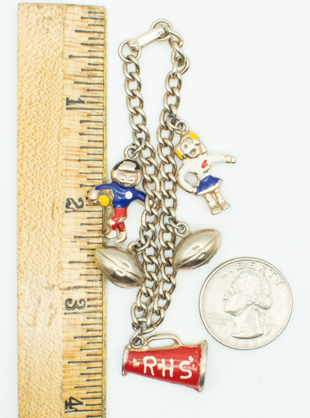 Vintage Cheerleader Football RHS Charm Bracelet Silver tone Enamel Estate 6 1/2"