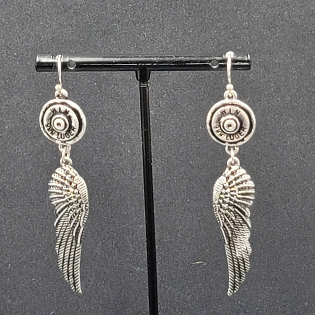 Pierced Earrings Luger Bullet Ends Angel Wings Dangle 2.5"