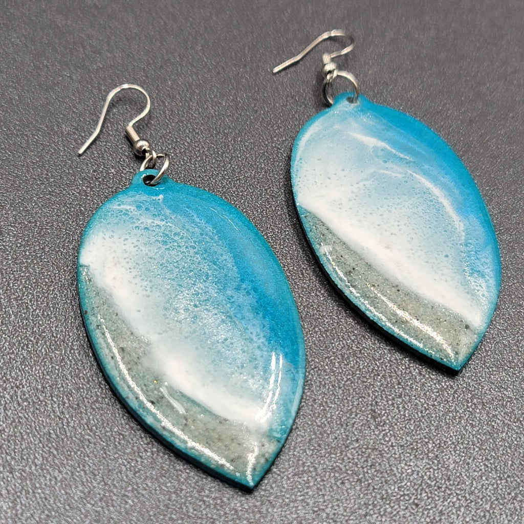 Pierced Earrings Silver tone Resin on Wood Ocean Beach Scene Large Dangle 2.5"