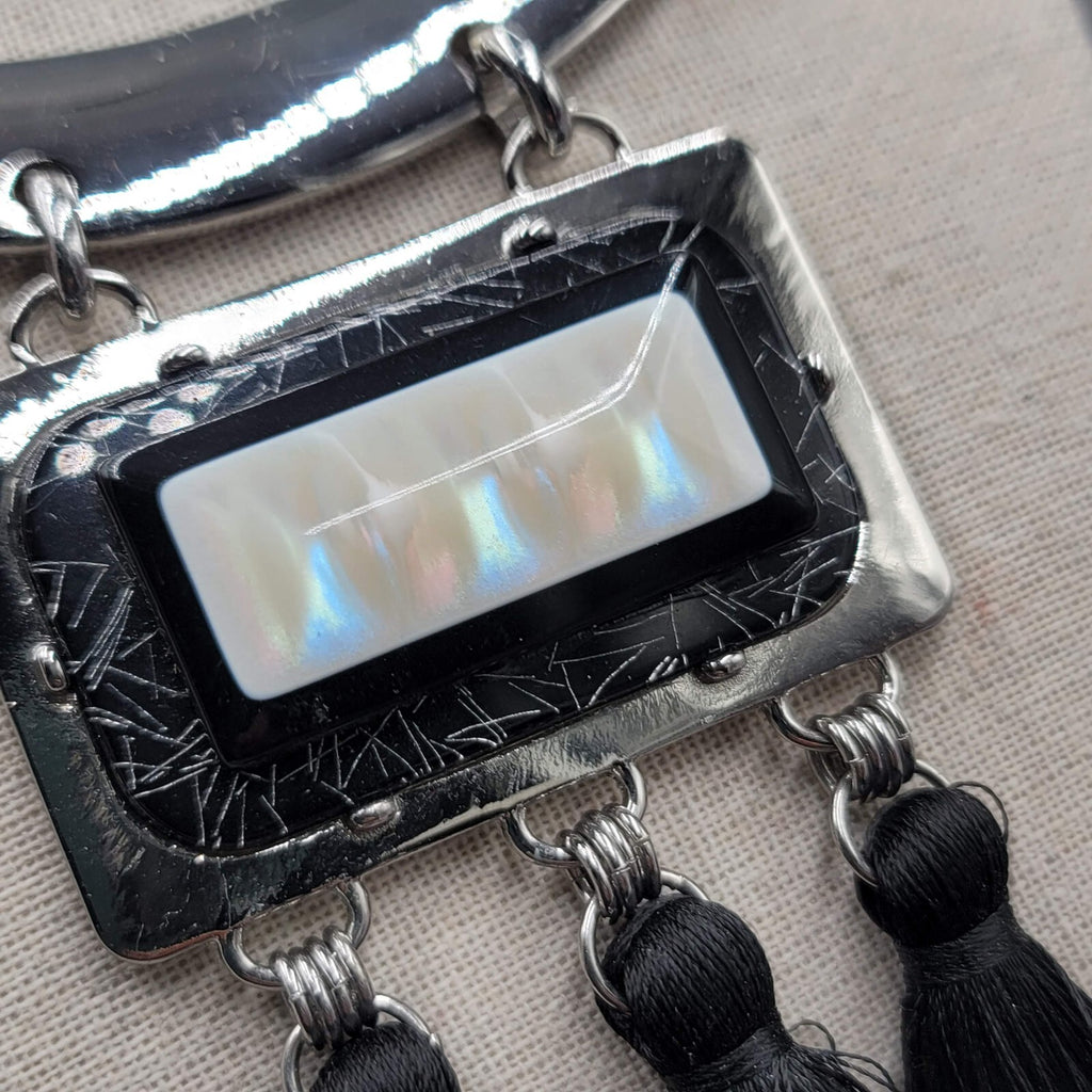 Chicos Statement Black Tassel Necklace Silver tone Iridescent Pendant 18"