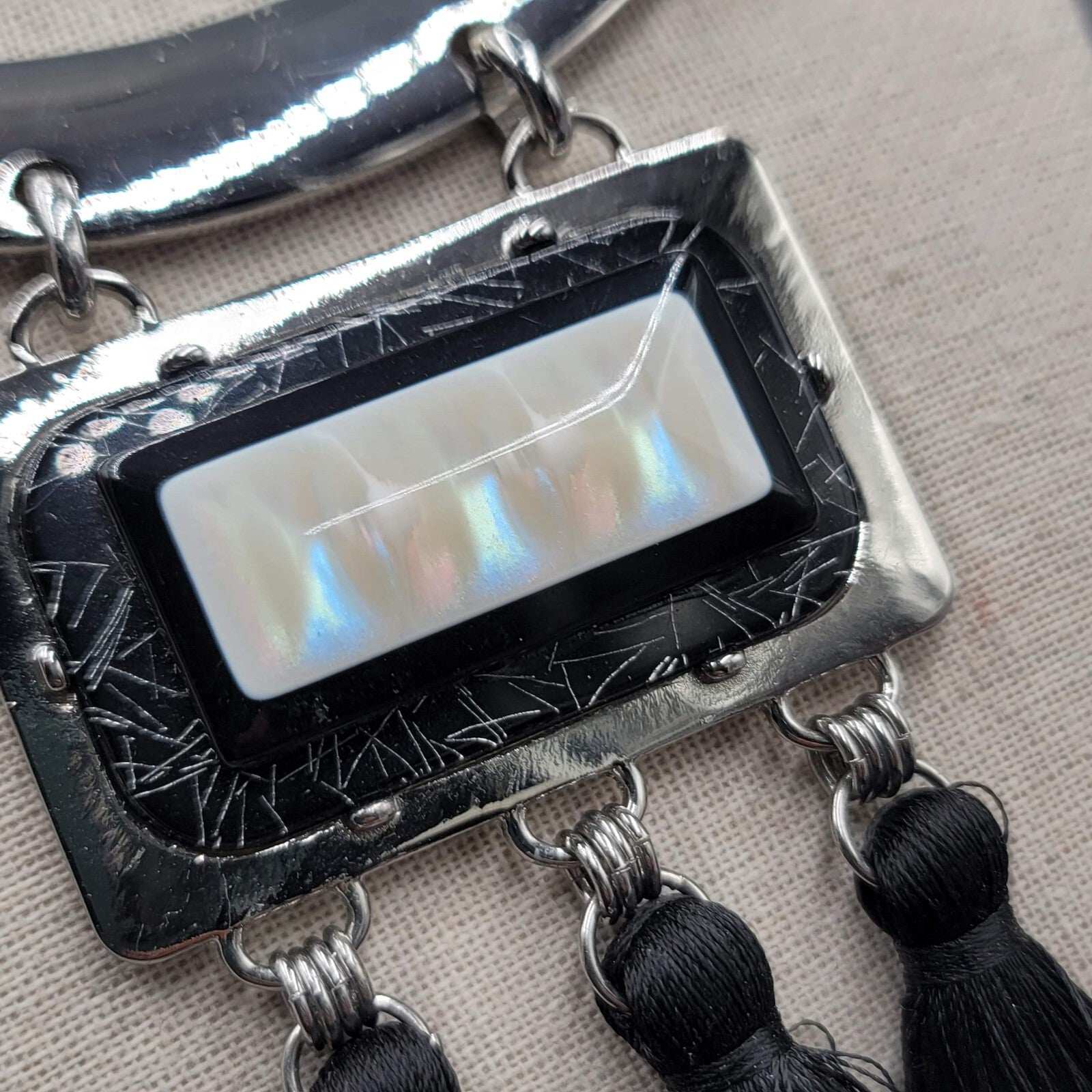 Chicos Statement Black Tassel Necklace Silver tone Iridescent Pendant 18"