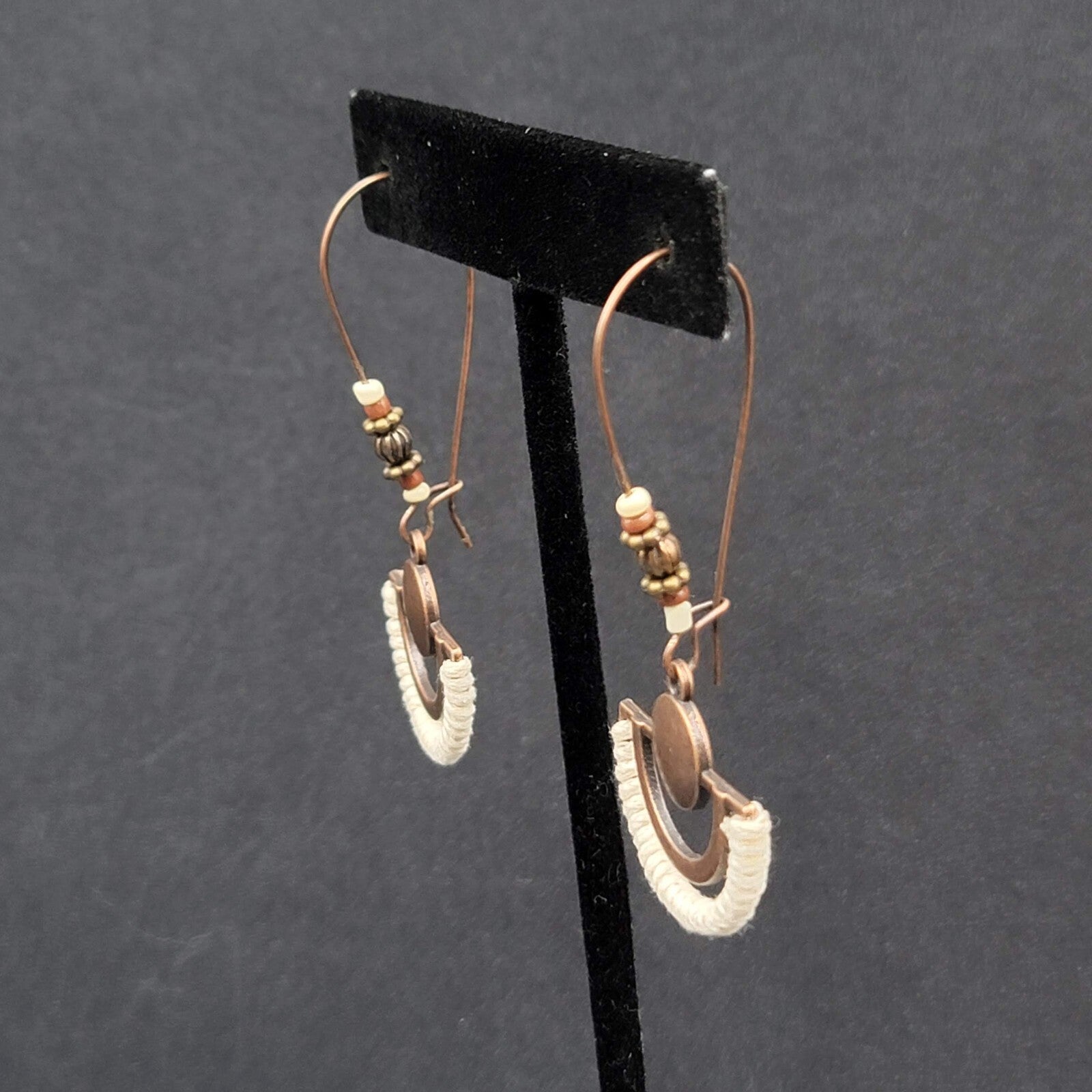New Boho Pierced Earrings Copper tone Beaded White Dangle Large Hook 2.25"
