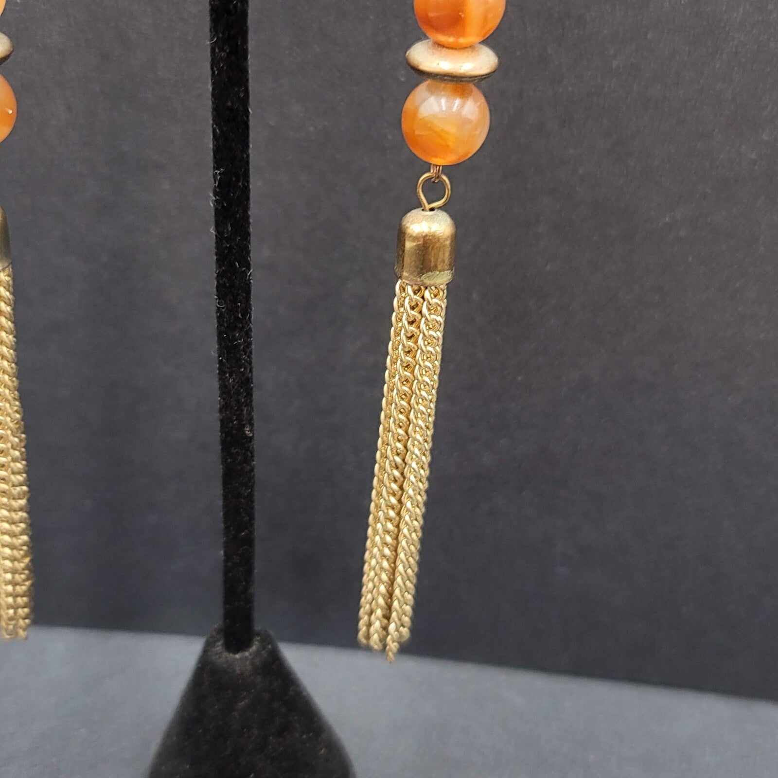 Pierced Earrings Gold tone Multi Chain Orange Bead Extra Long Dangle 4"