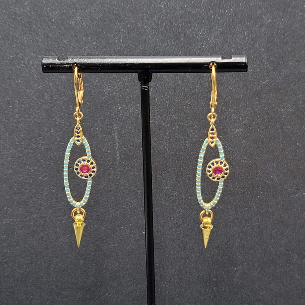 Pierced Earrings Gold tone Blue Pink Crystals Evil Eye Dangle 1 5/8"