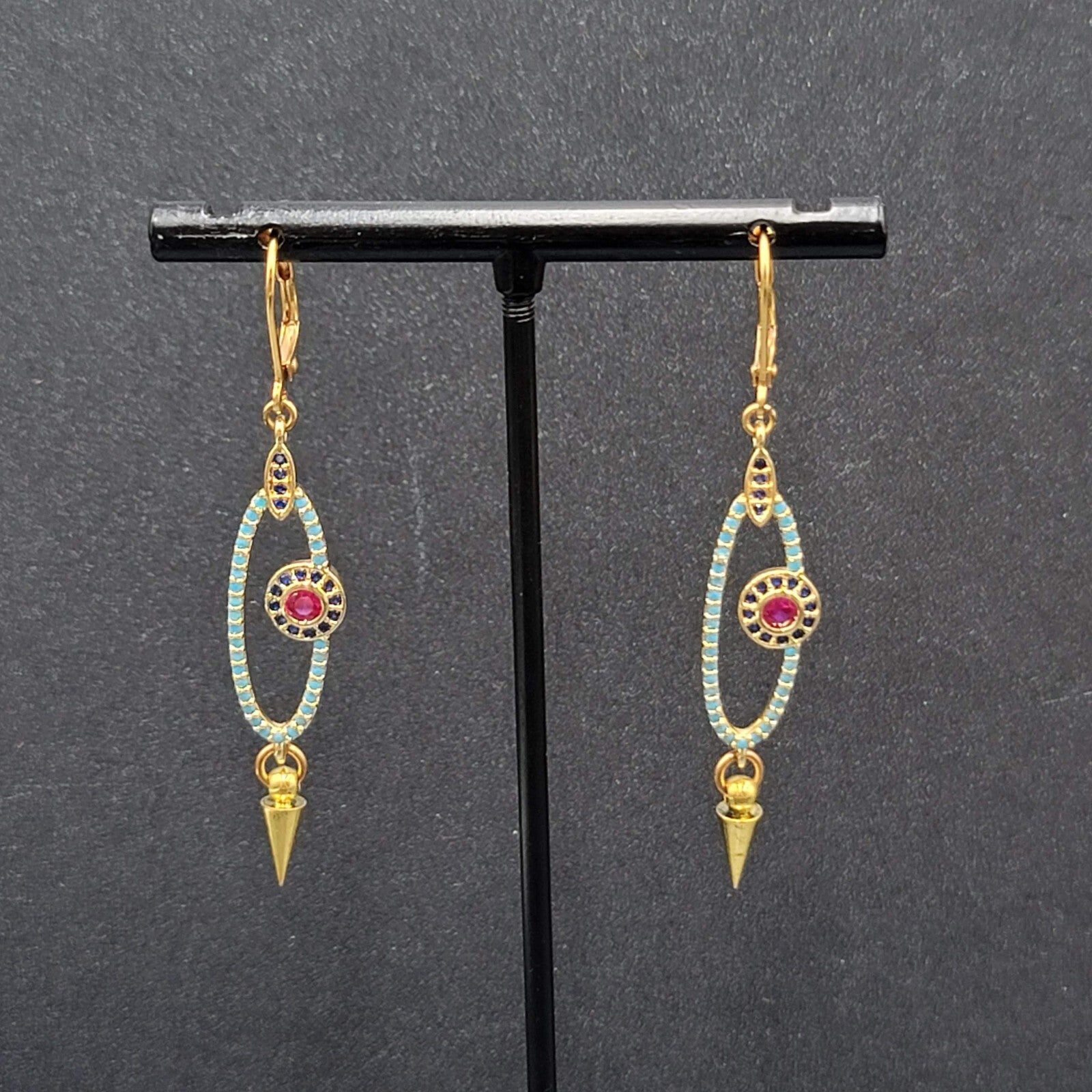 Pierced Earrings Gold tone Blue Pink Crystals Evil Eye Dangle 1 5/8"