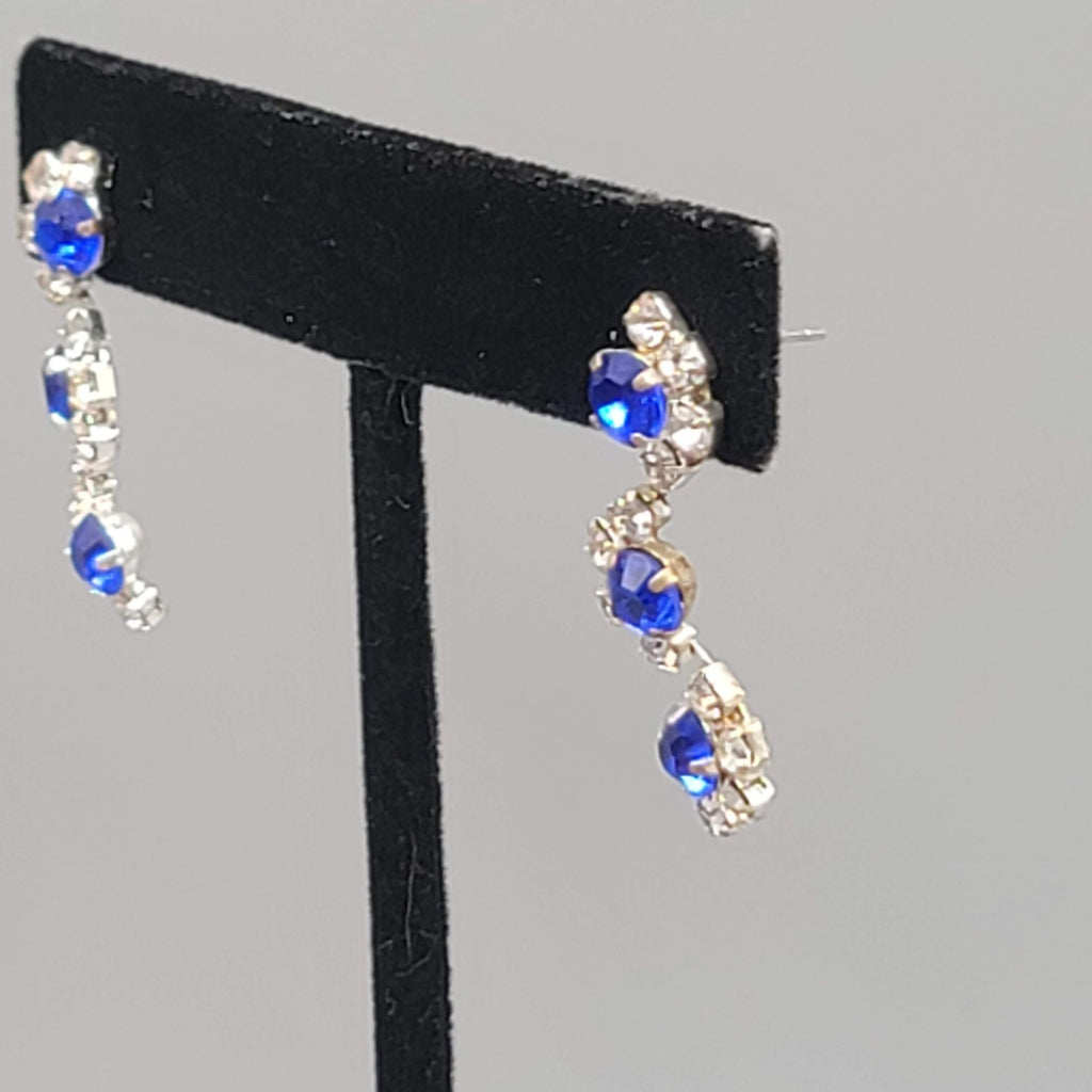 Blue Rhinestone Dangle Pierced Earrings Silver tone 1 1/8"