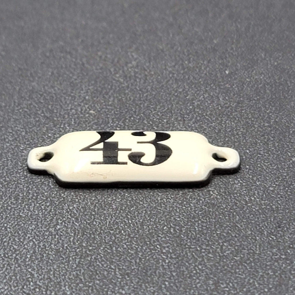 Vintage White Porcelain Metal Tag Plate Plaque Number 43 (1 1/4" x 1/2"