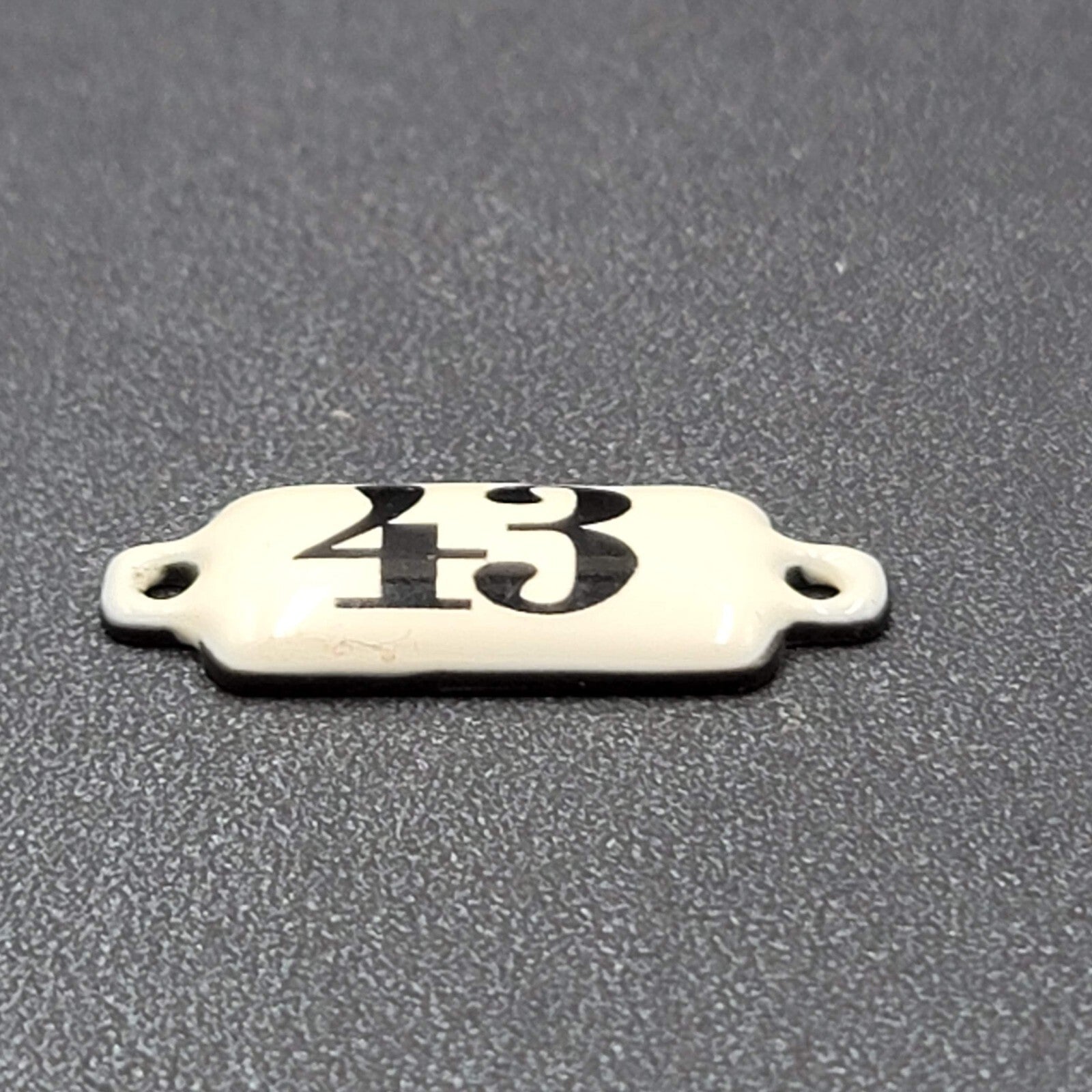Vintage White Porcelain Metal Tag Plate Plaque Number 43 (1 1/4" x 1/2"