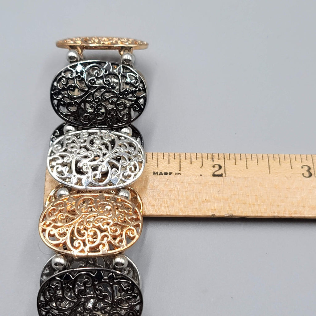 Tricolor Elastic Panel Bracelet Silver tone Gold tone Black Metal 7"