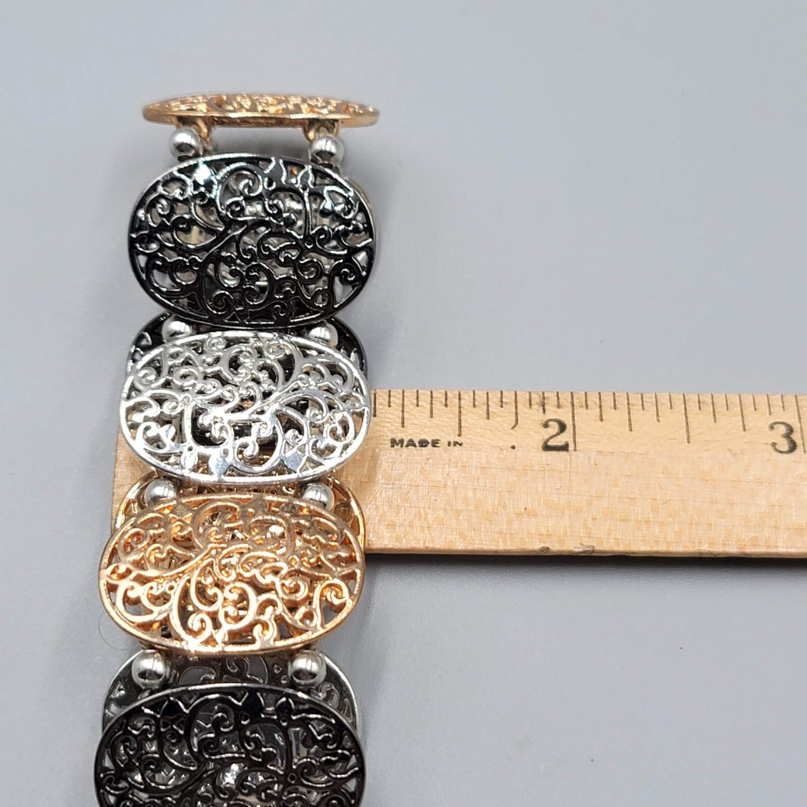 Tricolor Elastic Panel Bracelet Silver tone Gold tone Black Metal 7"