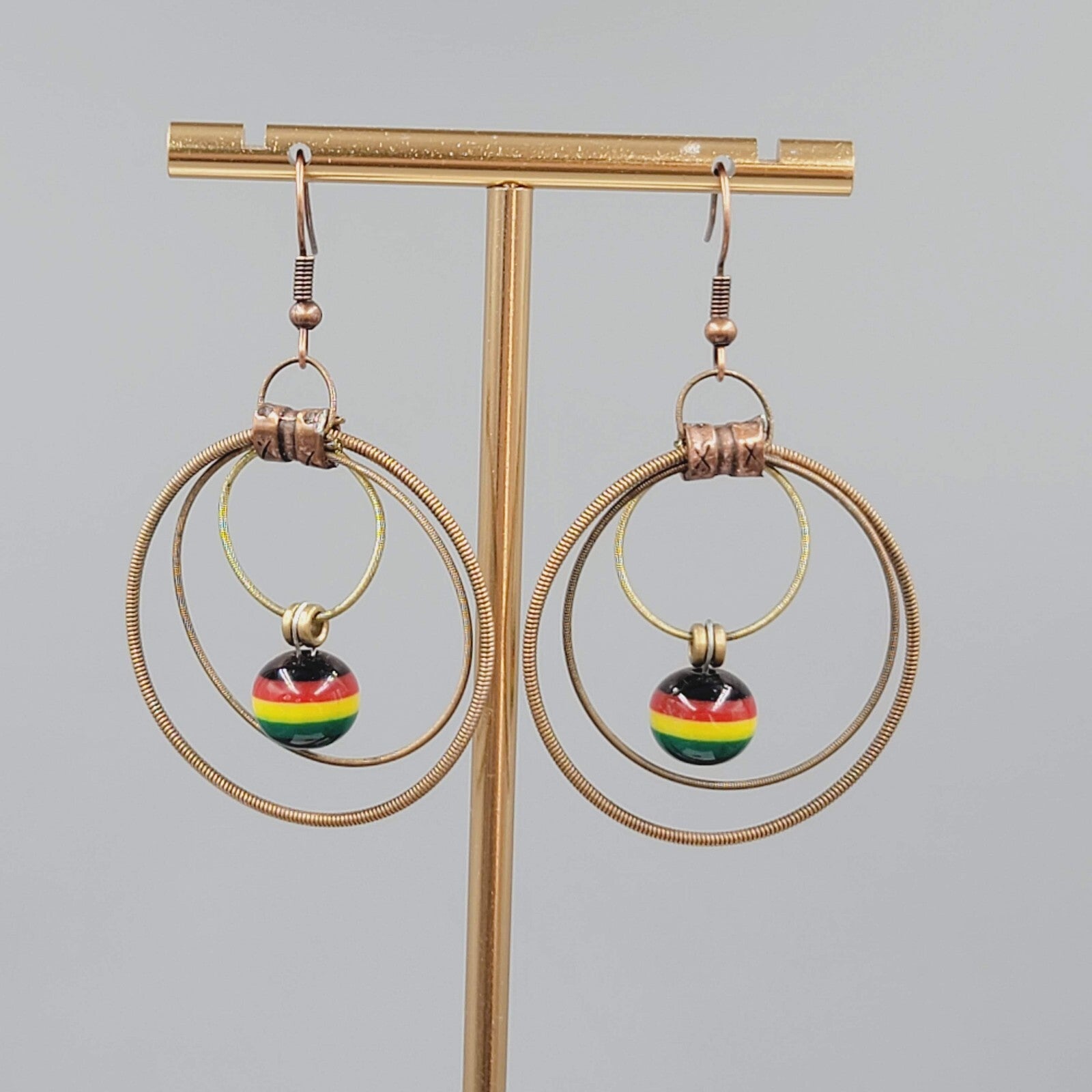Guitar String Pierced Earrings Copper tone Multicolor Bead Dangle 1.75"