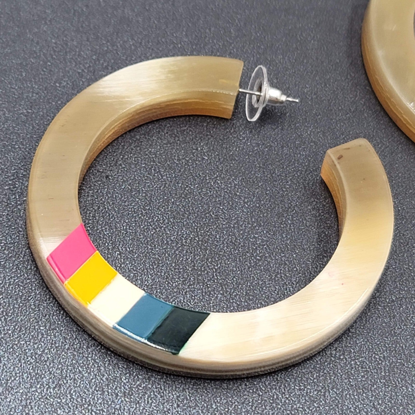 Pierced Earrings Resin Faux Horn Hoops Hand Painted 2 3/8"