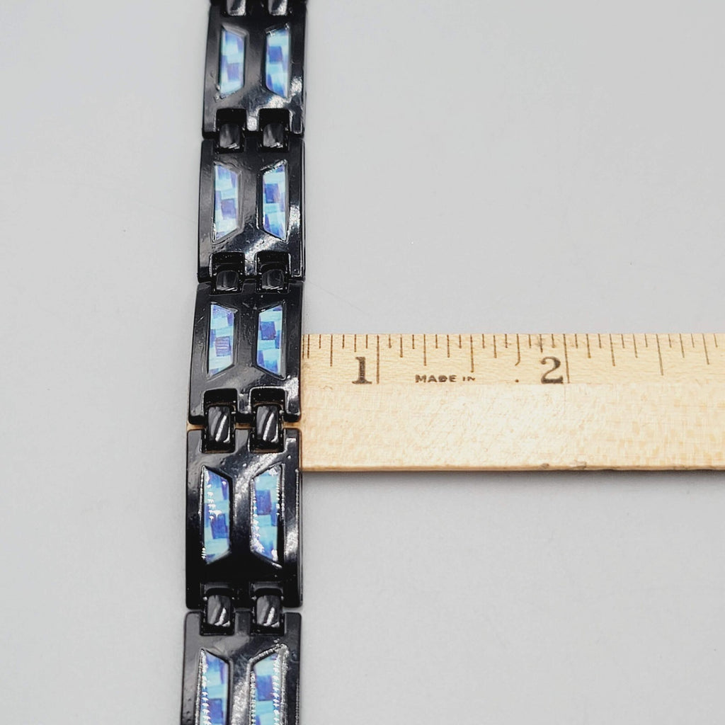 Mens Bracelet Black Metal Blue Accented Magnet on Inside 8 in