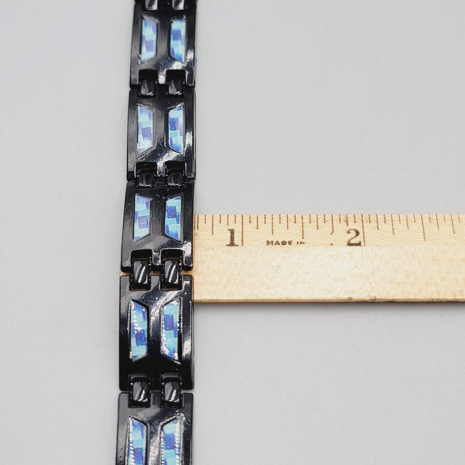 Mens Bracelet Black Metal Blue Accented Magnet on Inside 8 in