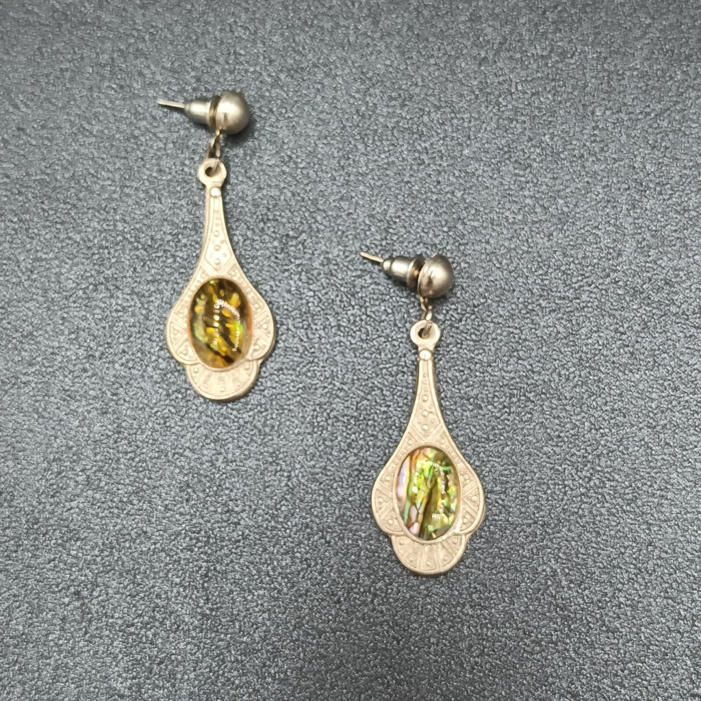 Vintage Pierced Earrings Silver tone Faux Abalone Dangle 1.75"