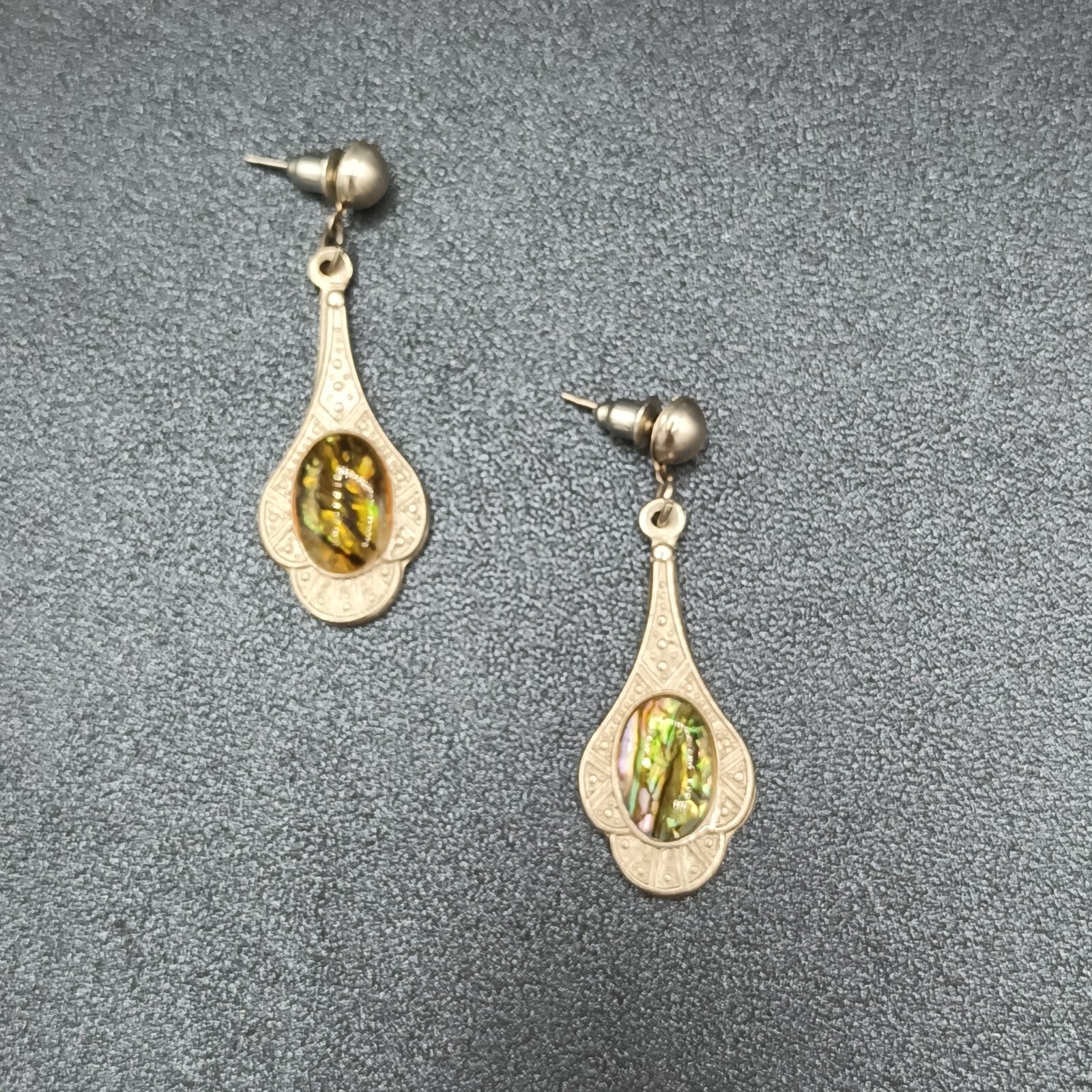 Vintage Pierced Earrings Silver tone Faux Abalone Dangle 1.75"