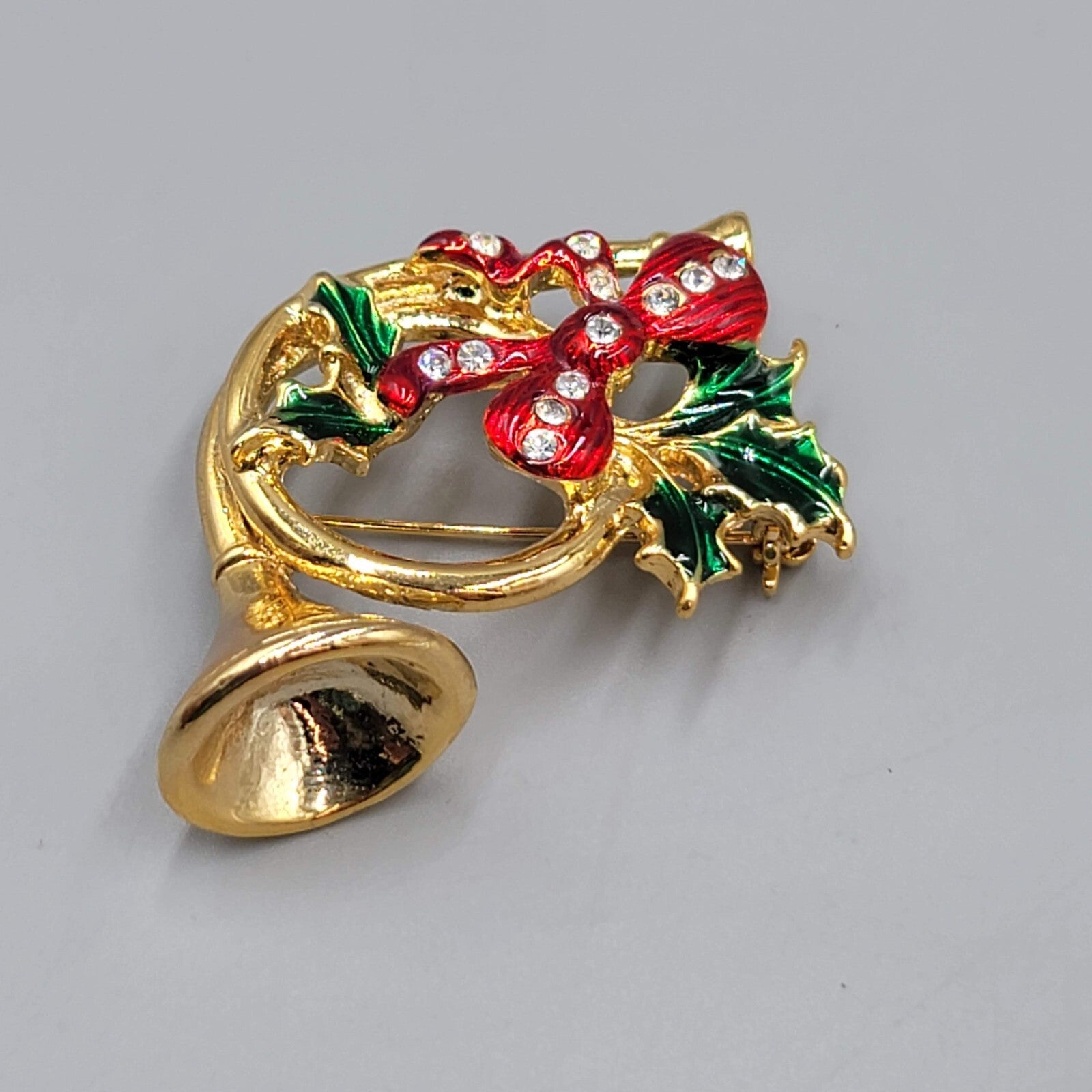Vintage Christmas Brooch French Horn Enamel Rhinestone Gold Plated 1.75"