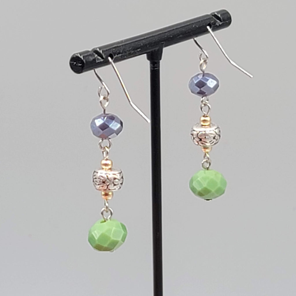 Pierced Earrings Silver tone Purple Green Glass Beads Dangle 1.5"