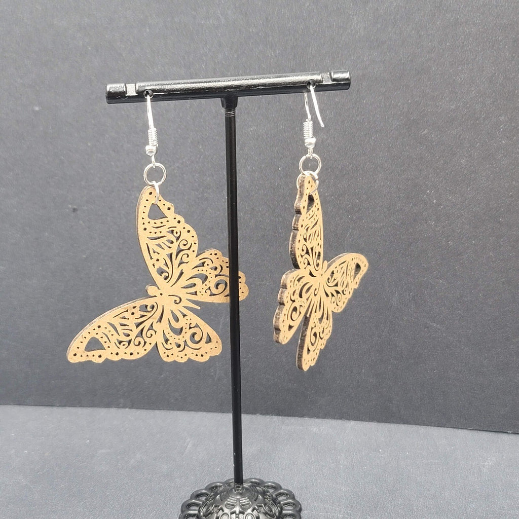 Butterfly Pierced Earrings Wood Cut Open Work Dangle 1 5/8"