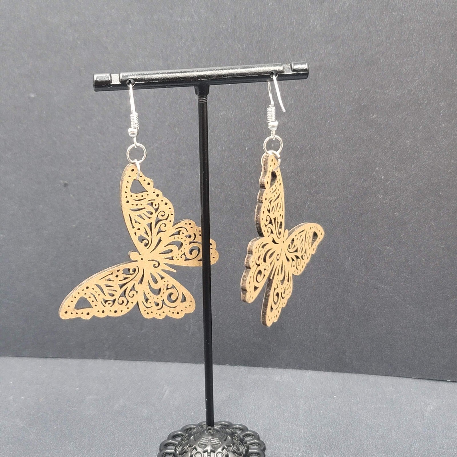 Butterfly Pierced Earrings Wood Cut Open Work Dangle 1 5/8"
