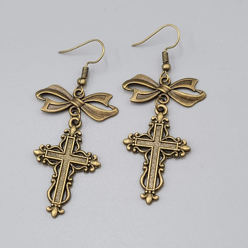 Cross Pierced Earrings Bronze tone Long Bow Dangle New 1.75"