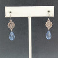 Pierced Earrings Silver tone Open Work Blue Faceted Glass Bead Dangle 1 1/4"
