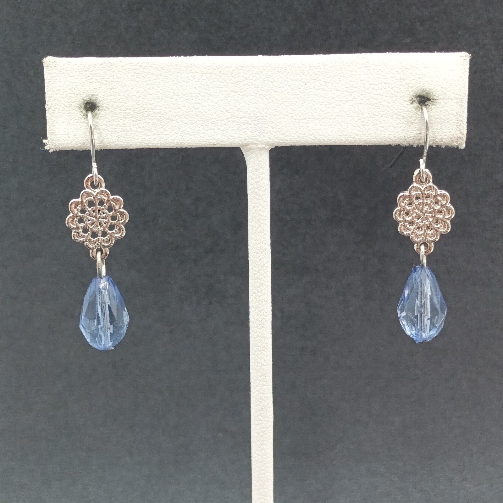 Pierced Earrings Silver tone Open Work Blue Faceted Glass Bead Dangle 1 1/4"