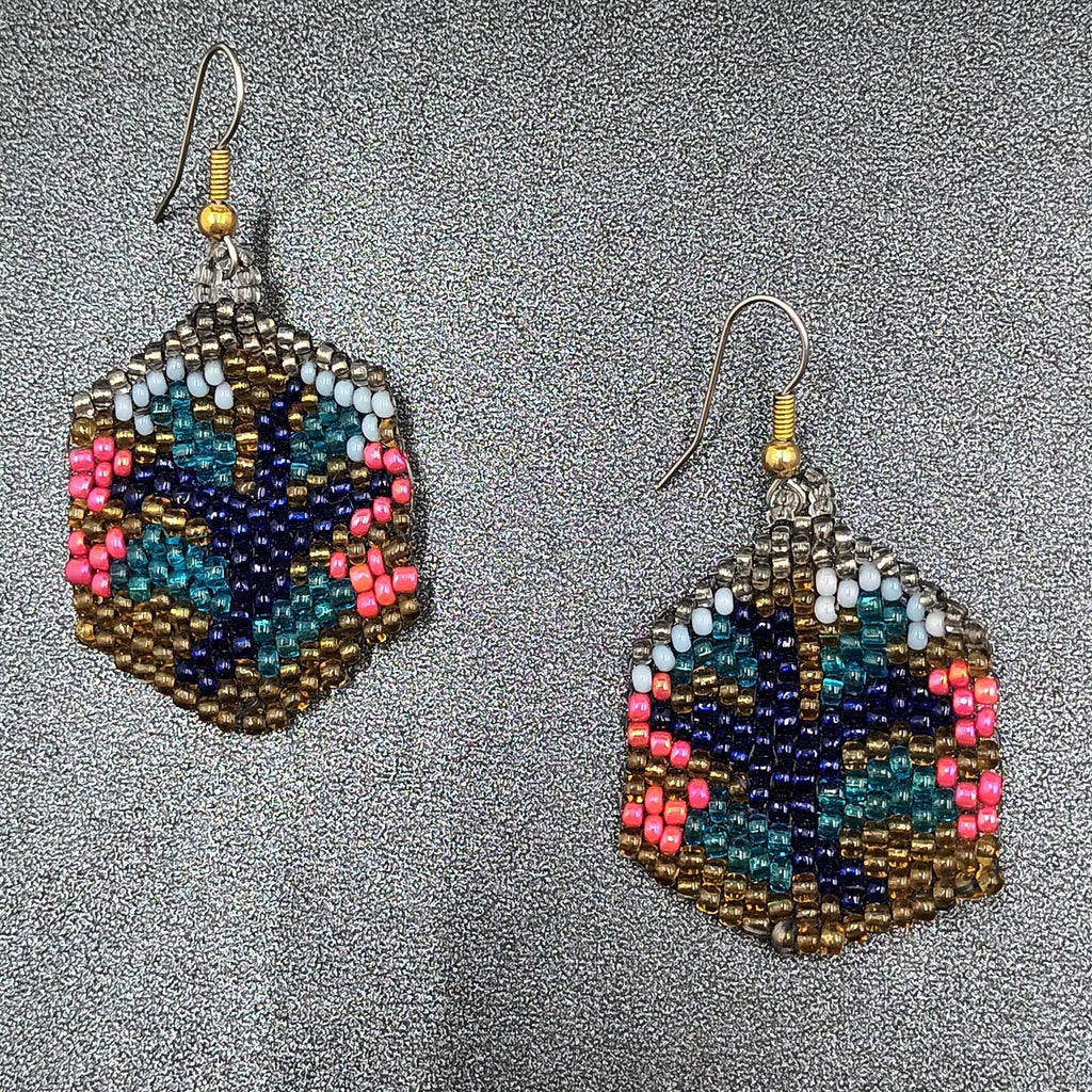 Pierced Earrings Multicolor Seed Bead Art Silver tone Hook Dangle 1 1/2"