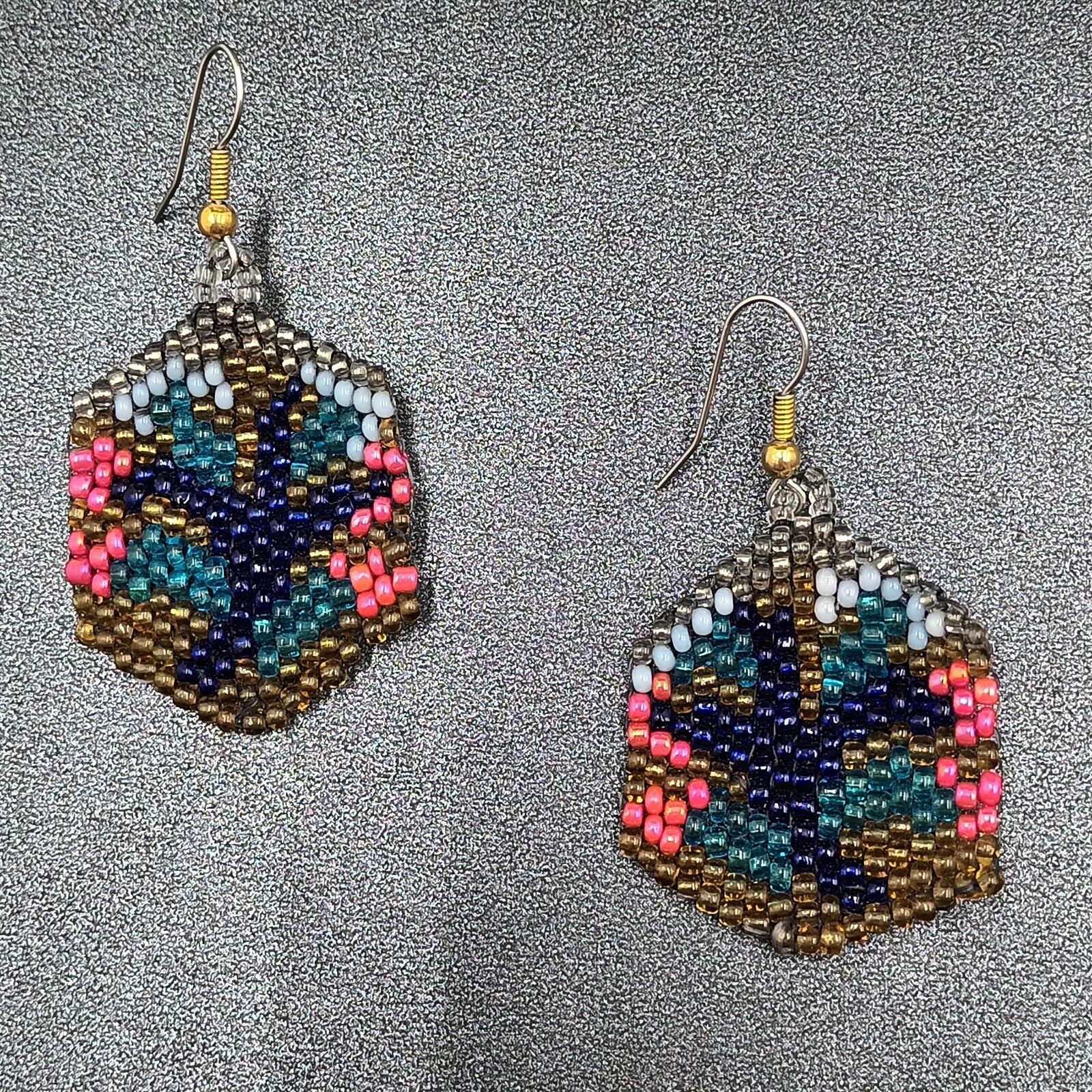 Pierced Earrings Multicolor Seed Bead Art Silver tone Hook Dangle 1 1/2"