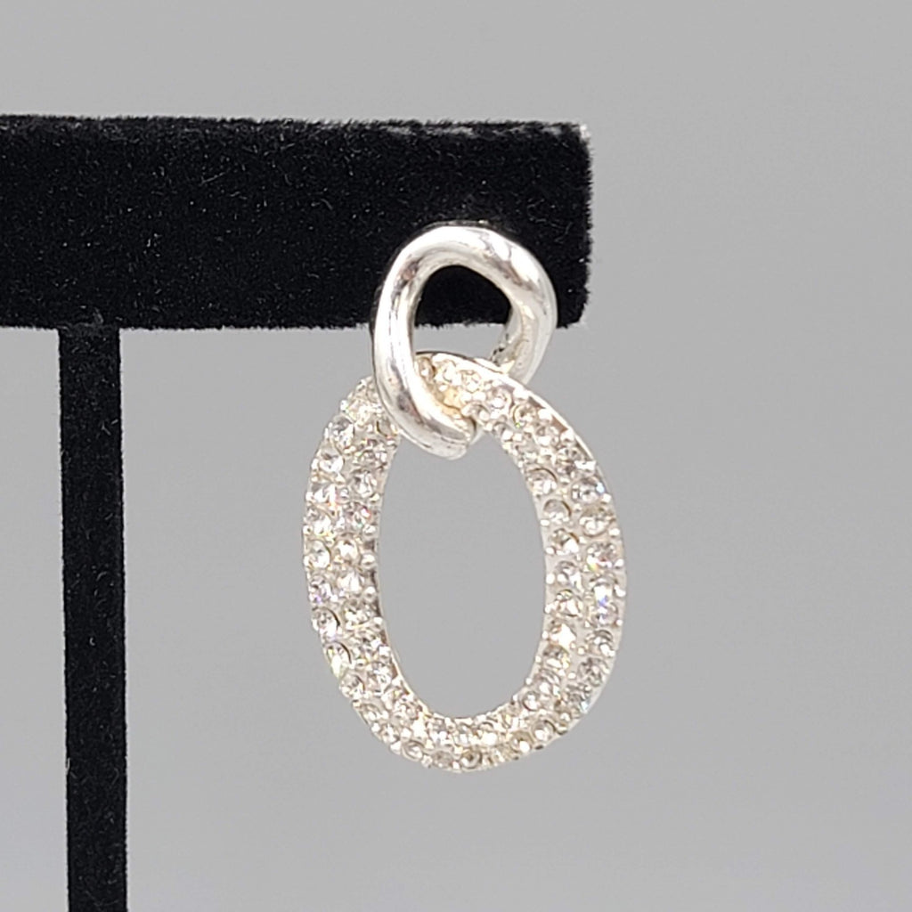 Pierced Earrings Rhinestone Silver tone Dangle Open Work Double Link 1.5"
