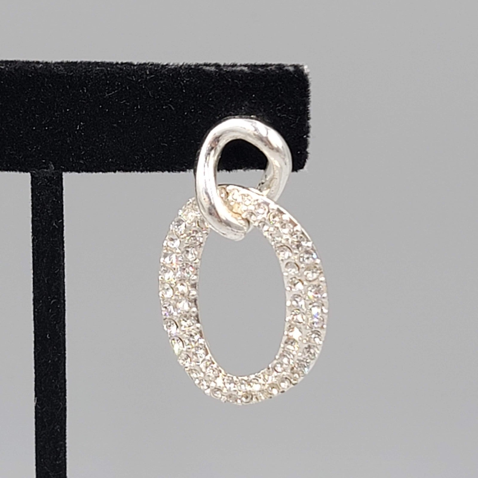 Pierced Earrings Rhinestone Silver tone Dangle Open Work Double Link 1.5"