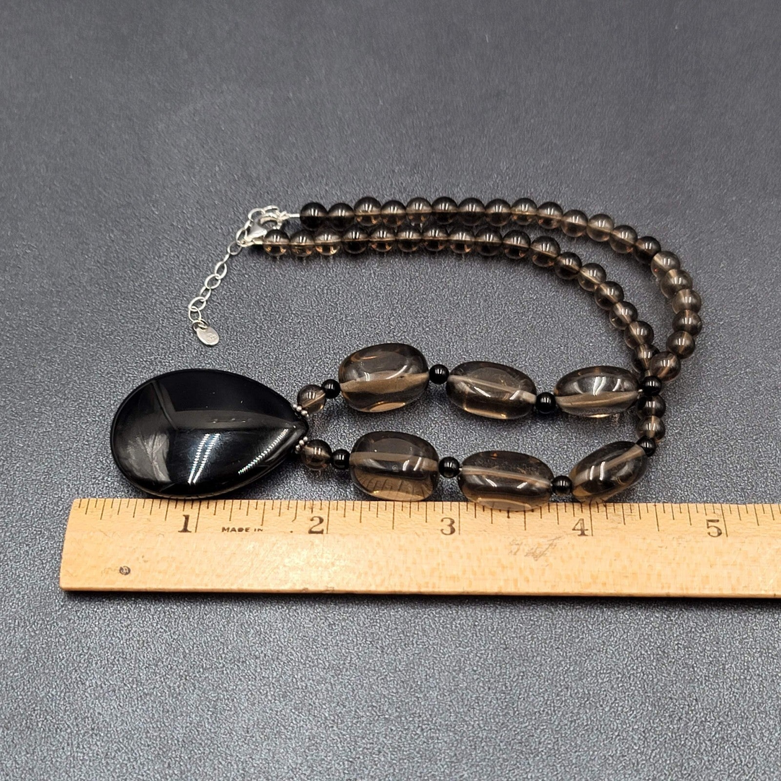 ATI Glass Bead Necklace Black Smokey Teardrop Pendant Sterling Silver Clasp 16"