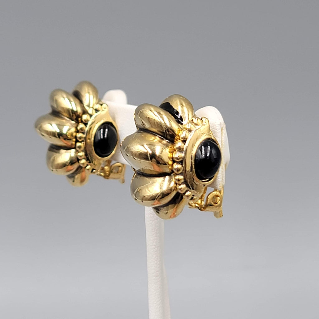 Vintage Clip on Earrings Gold Plated Black Side Accents Statement 1 in
